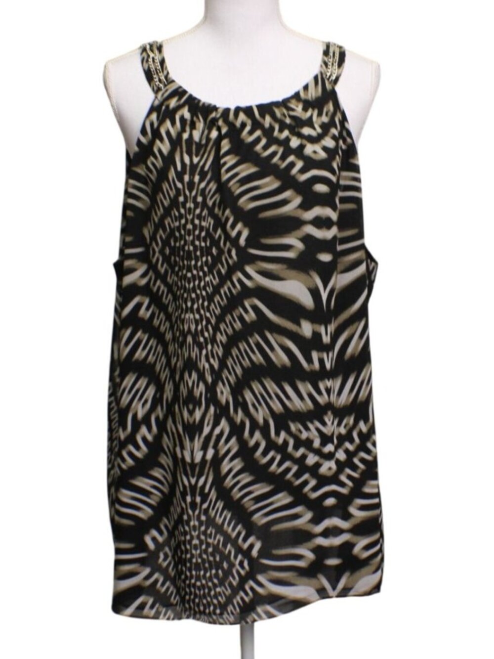 Calvin Klein Sz 3x Black Tan Abstract Print Sleeveless Blouse Chain Strap Detail